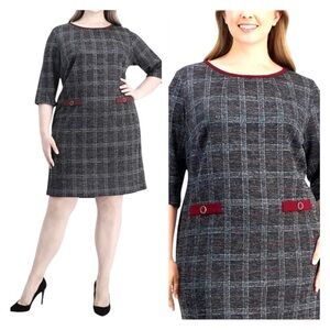 Connected Apparel Nora 3/4-Sleeve Faux-Pocket Plaid Sheath Dress